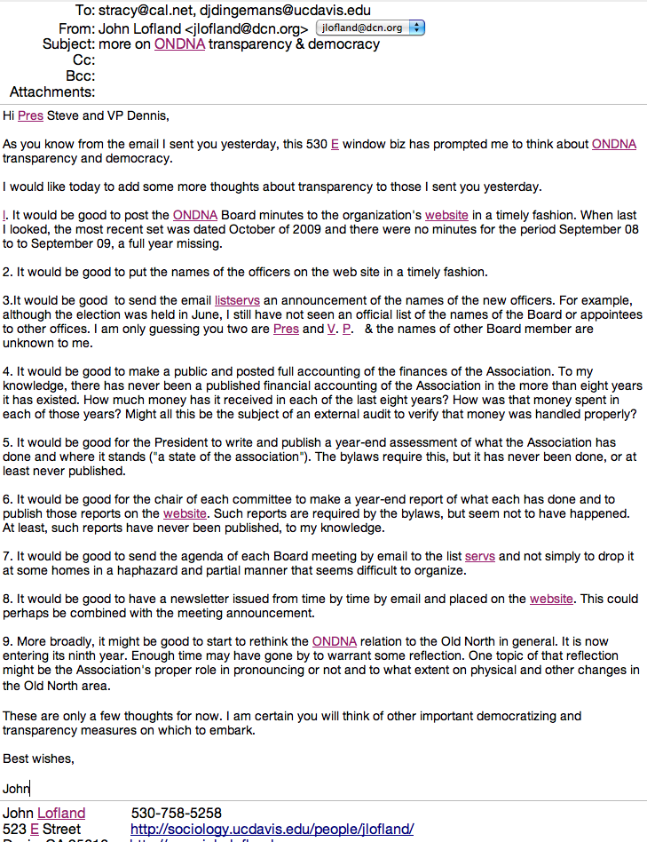 Lofland 8-23-10 Email to ONDNA President & Vice-President Lofland 8-23-10 Email to ONDNA President & Vice-President