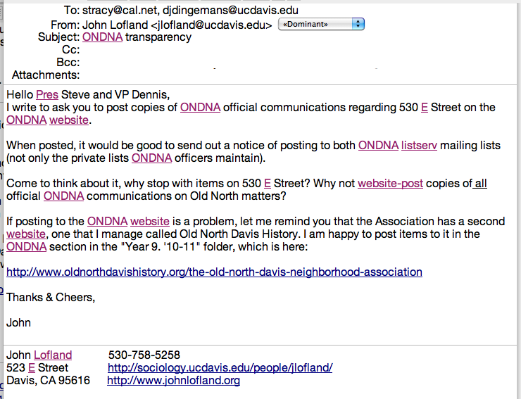 Lofland 8-22-10 Email to ONDNA President & Vice-President Lofland 8-22-10 Email to ONDNA President & Vice-President