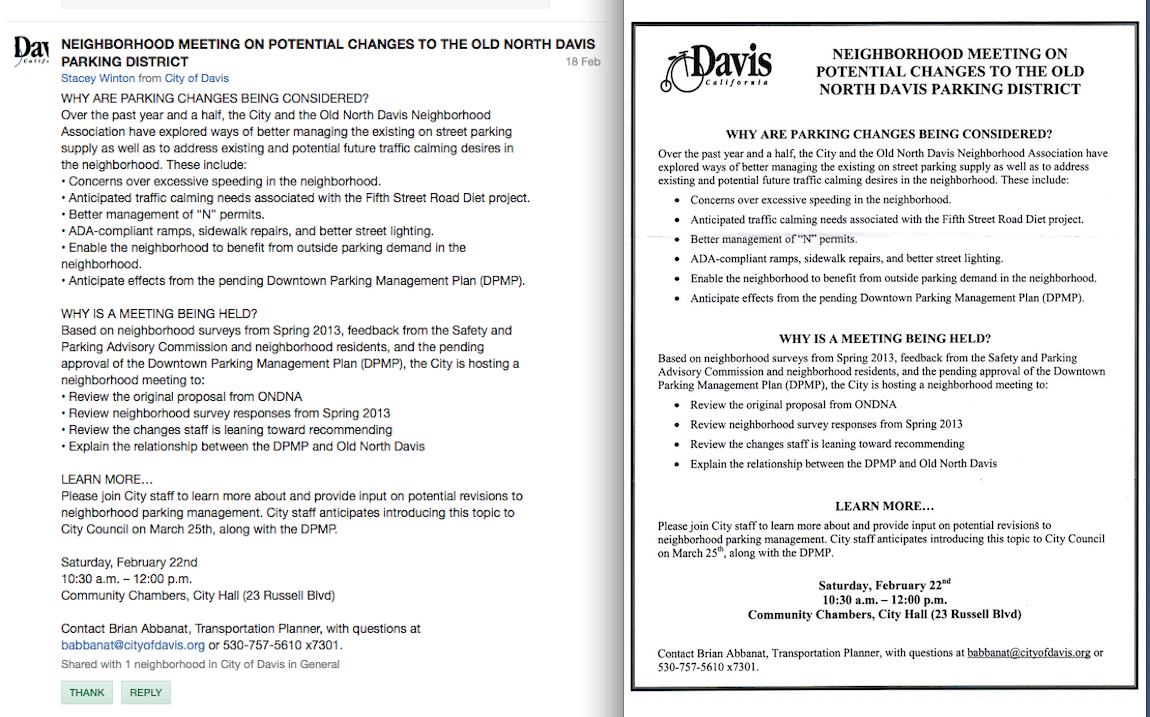 February 22 (a Saturday). “ONDNA” Does Not Promote City-conducted Meeting on “Potential Changes in the Old North Davis Parking District” February 22 (a Saturday). “ONDNA” Does Not Promote City-conducted Meeting on “Potential Changes in the Old North Davis Parking District”